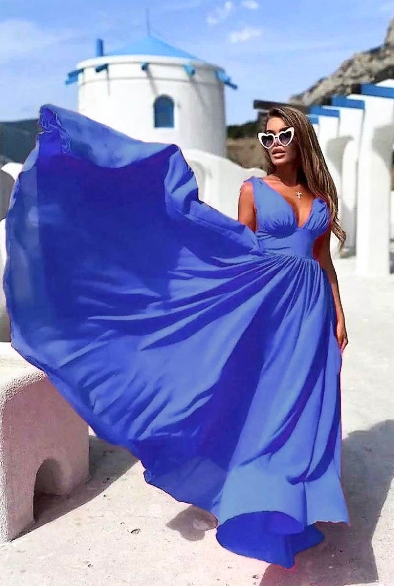 ROYAL BLUE SATIN SHOULDER KNOT MAXI DRESS