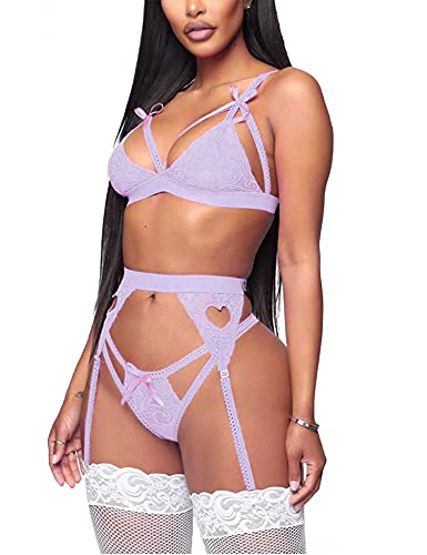 Buy EVELIFE Women Lace Lingerie Set with Garter Belt 3 Pieces, Sexy Lace Bra  and Panties Set Strappy Teddy Babydoll Nightwear Online at desertcartINDIA