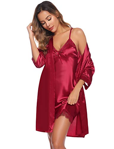 Sykooria Women's Dressing Gown, 2 Pieces Silk Satin Short Kimono Robe  Pajama Dress Lace Lingerie Set Bathrobe Nightgown(Pink,M) – King Lingerie