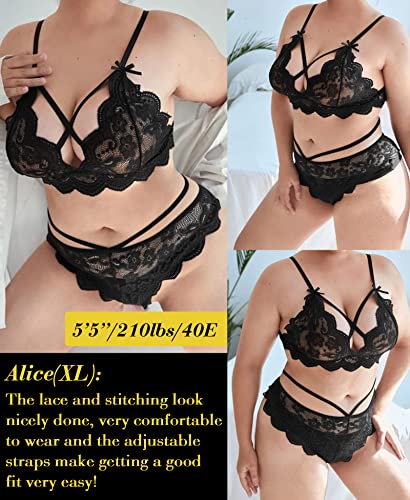 Plus Size Leather Stitched Lace Lingerie Set